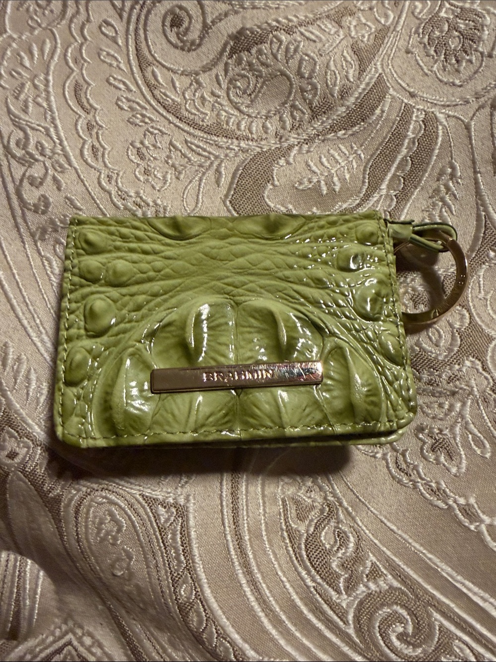 Brahmin Lime Green Embossed Leather Card Holder with Key Ring